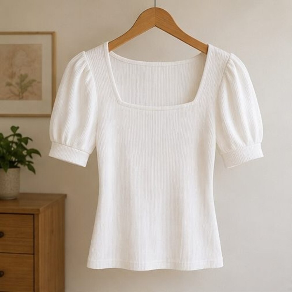 White Ribbed Square Neck Top